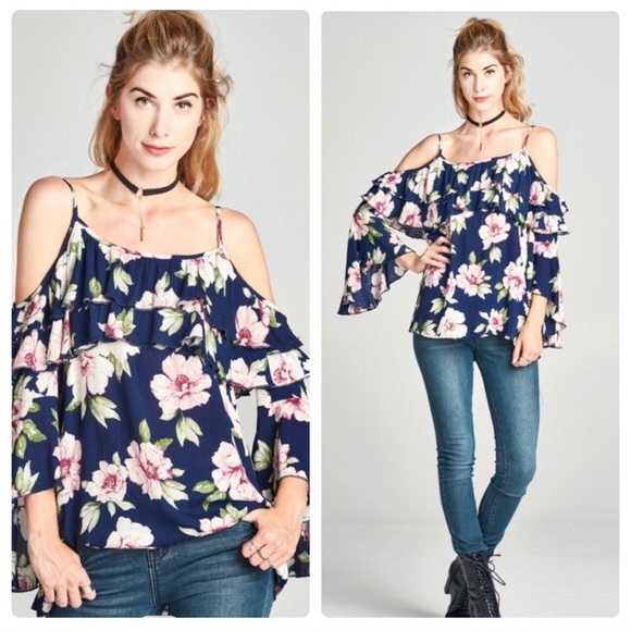 🟢 Cold Shoulder Bell Sleeve Floral Spaghetti Strap Ruffle Top - Picture 10 of 10